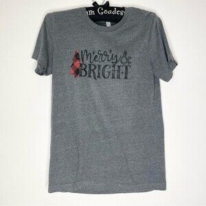Bella Canvas Christmas T Shirt Merry and Bright Graphic Top Gray Red Black Small